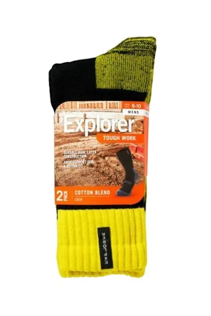 6 Pairs X Explorer Original Mens Cotton Crew Winter Tough Socks - Yellow/Black