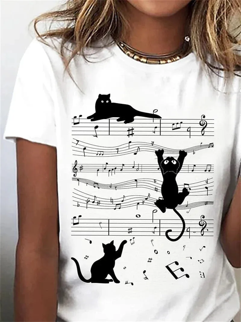 Cat Music Print Women's T-shirt