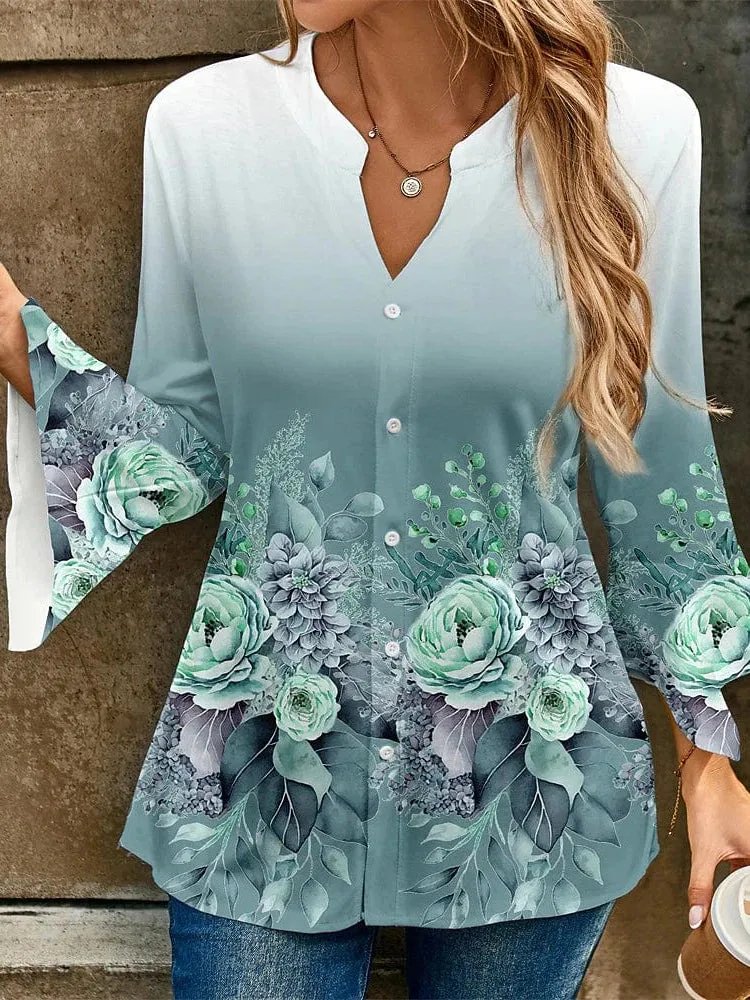 Floral Print V-Neck Women's Designer Shirt Blouse