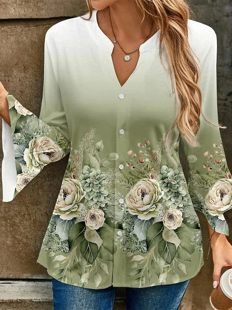 Floral Print V-Neck Women's Designer Shirt Blouse