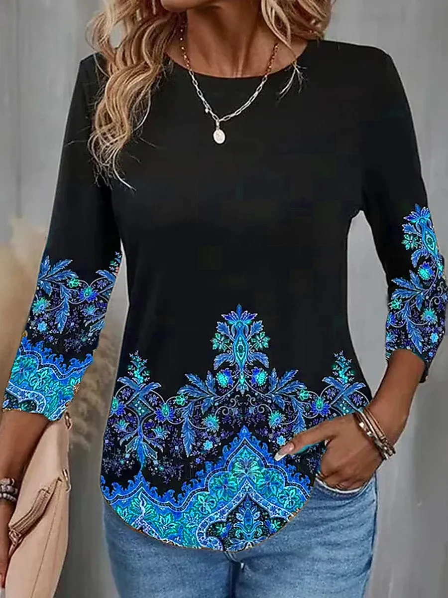 Floral Print Women's Long Sleeve T-shirt for Fall & Winter