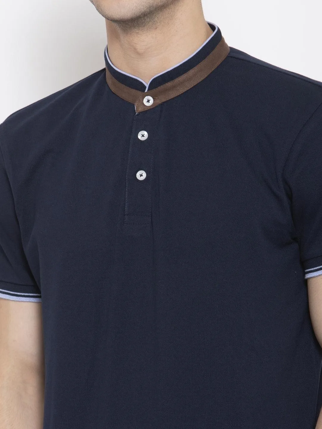 Men Navy Blue Solid Mandarin Collar T-shirt