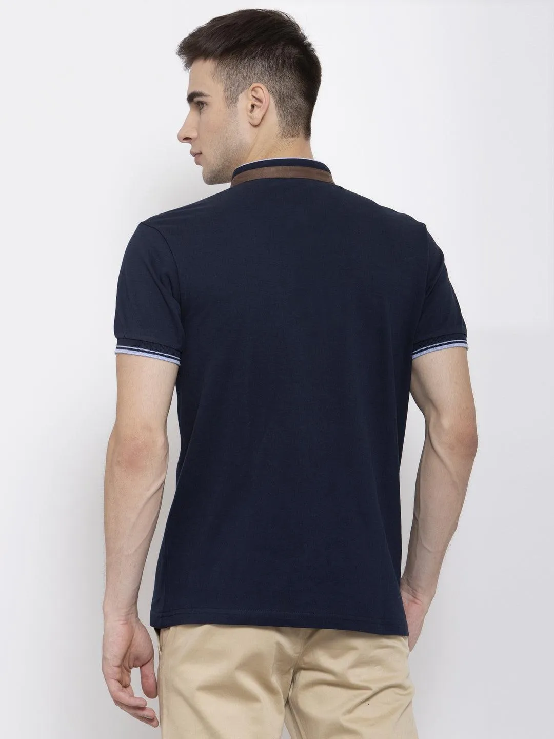 Men Navy Blue Solid Mandarin Collar T-shirt