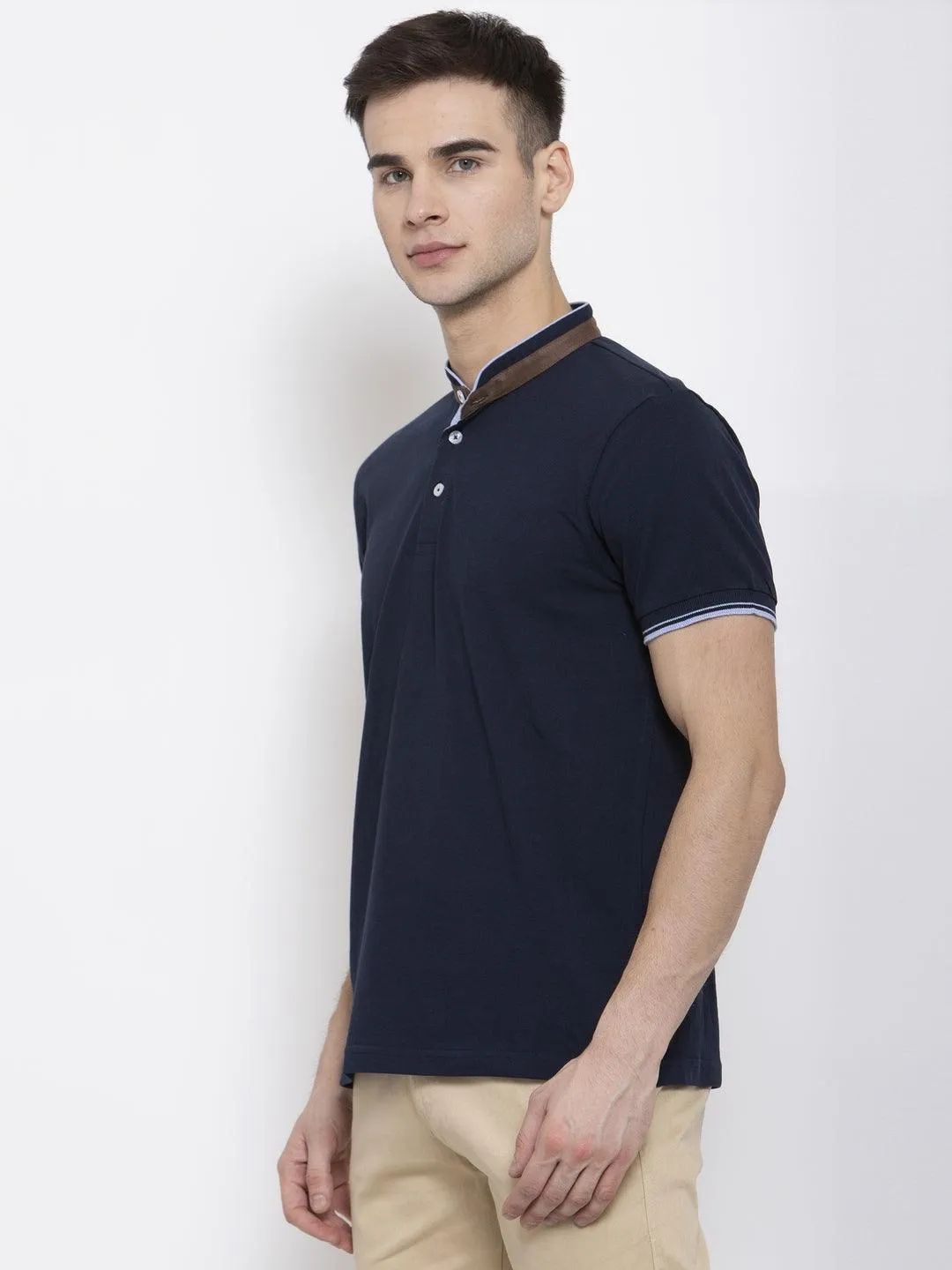 Men Navy Blue Solid Mandarin Collar T-shirt