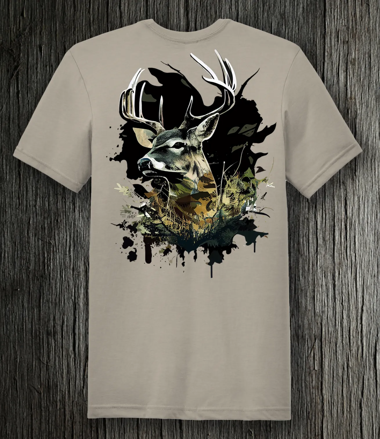 Premium Slate Super Soft Tee: 60% Cotton, 40% Polyester with Camouflage Deer Design