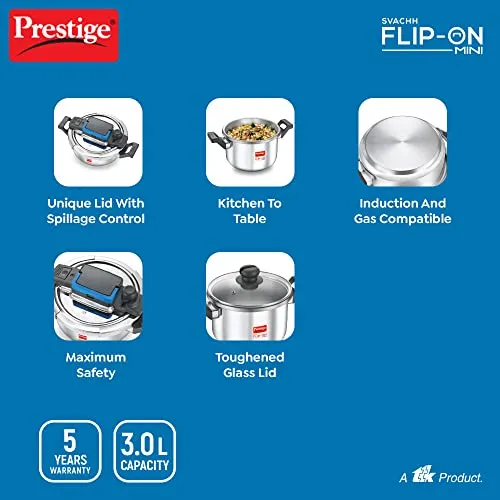 Prestige Svachh FLIP-ON MiniSS Pressure Cooker 18 cm-3 L with Glass Lid