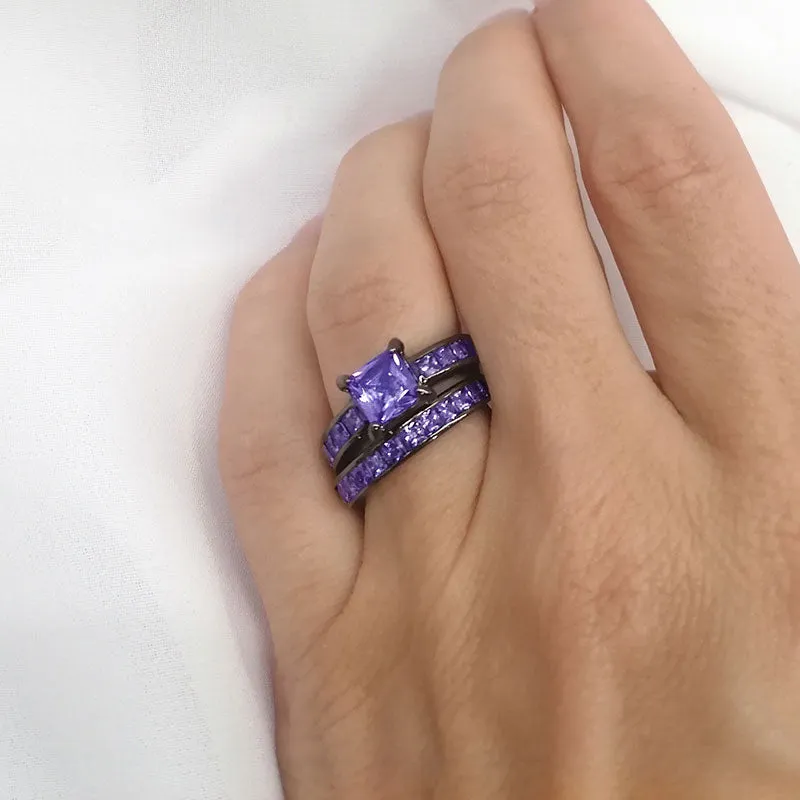 Purple Inlay and Purple Cubic Zirconia Stainless Steel Wedding Bands Set