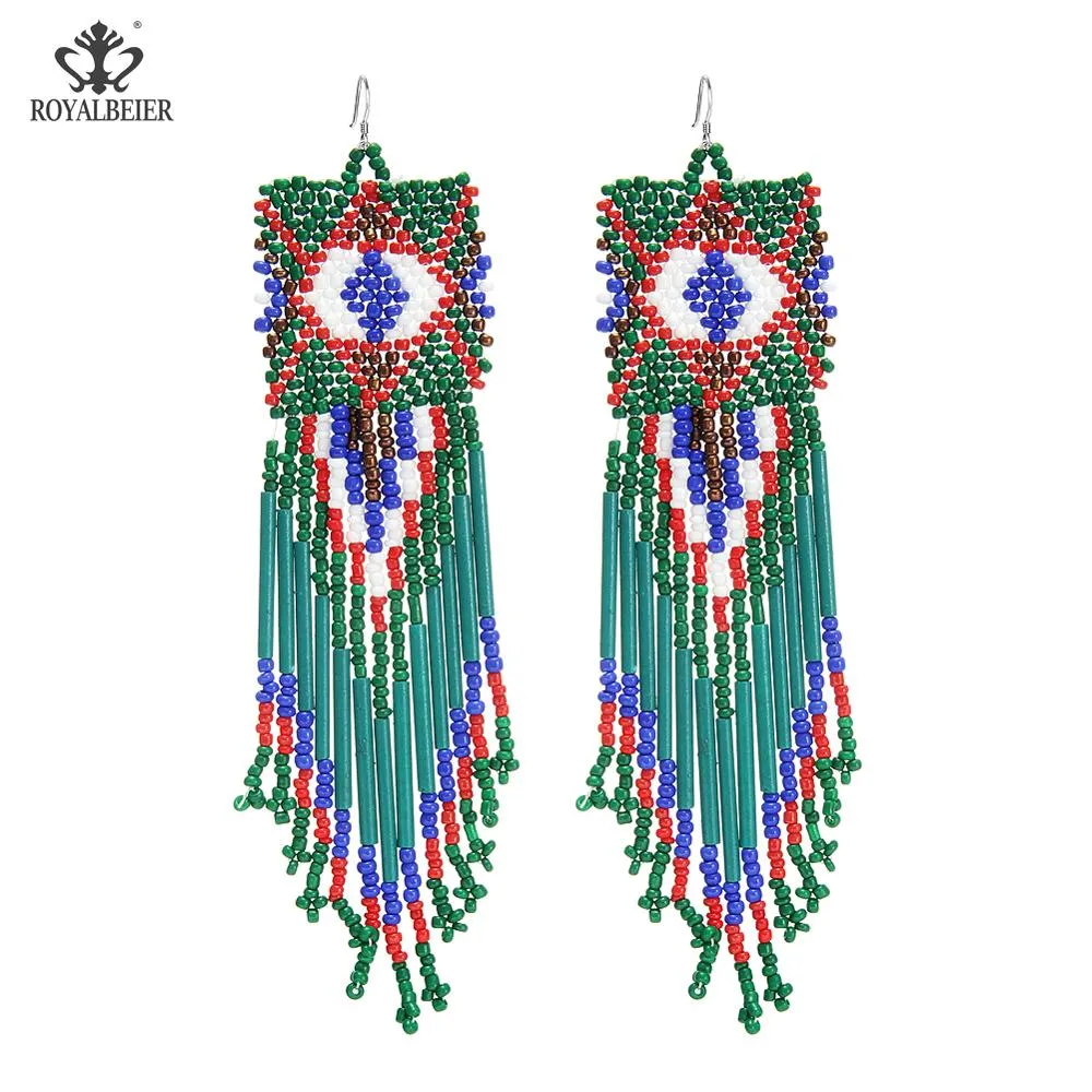 ROYALBEIER Green Beaded Drop Earrings Bohemian Fringed Tassel Earrings