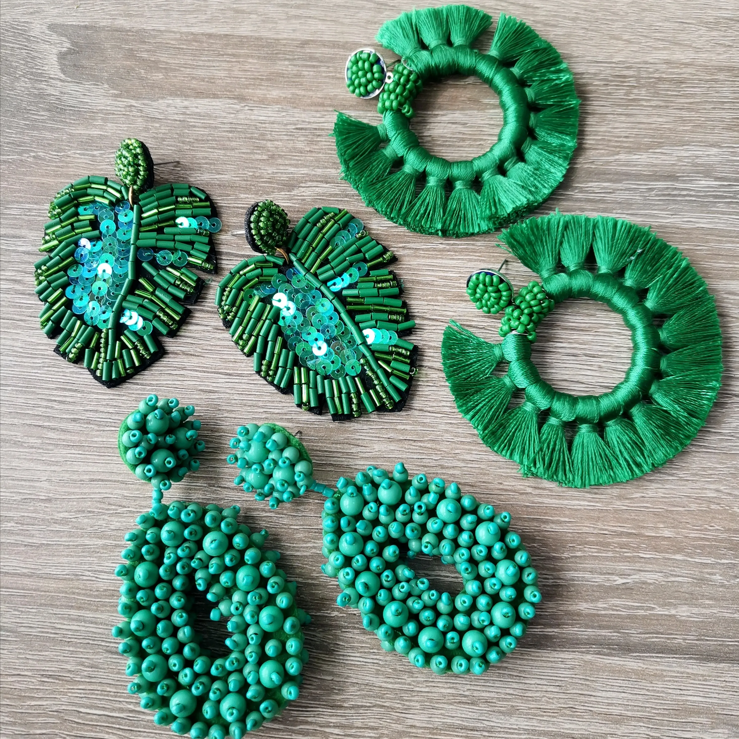 ROYALBEIER Green Beaded Drop Earrings Bohemian Fringed Tassel Earrings