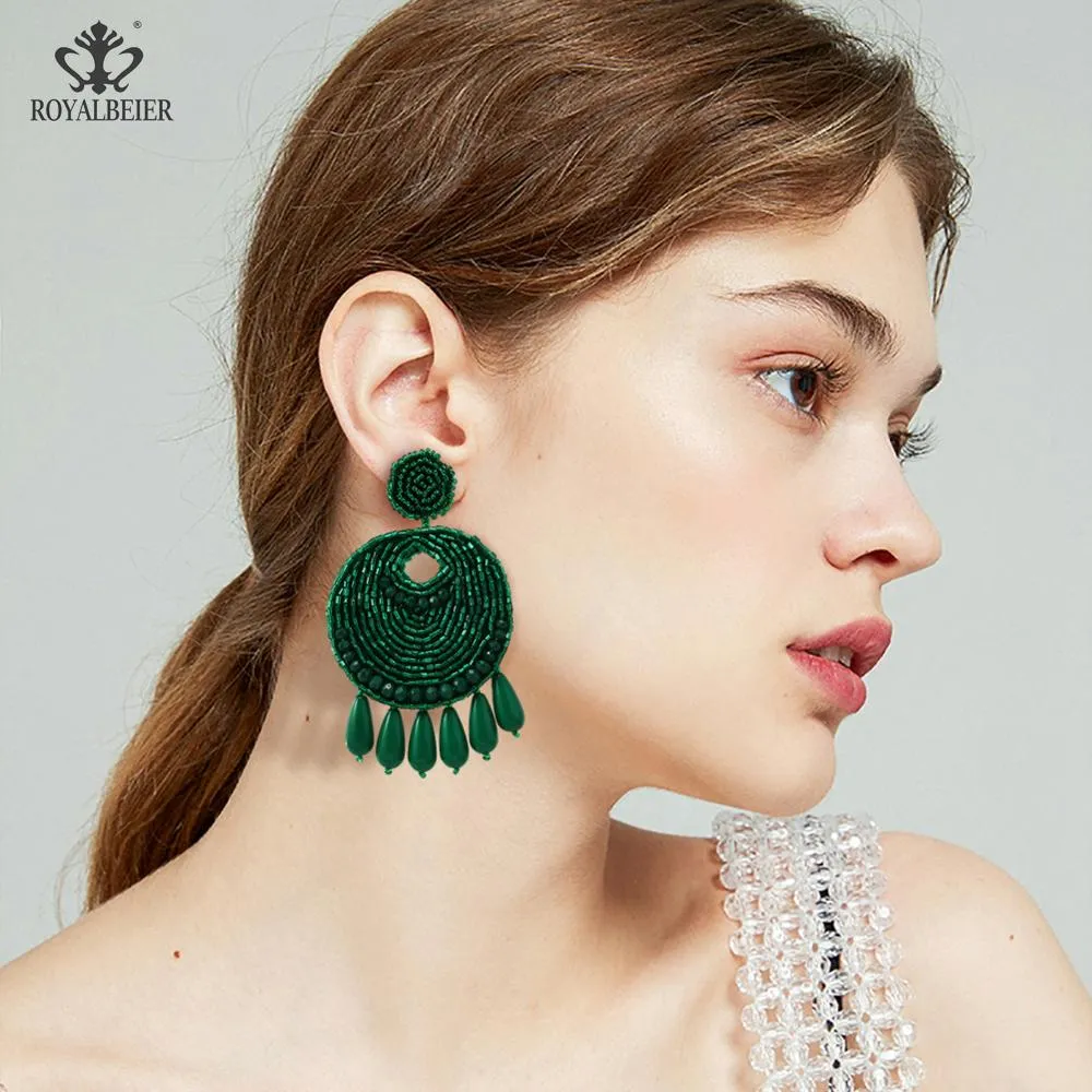 ROYALBEIER Green Beaded Drop Earrings Bohemian Fringed Tassel Earrings