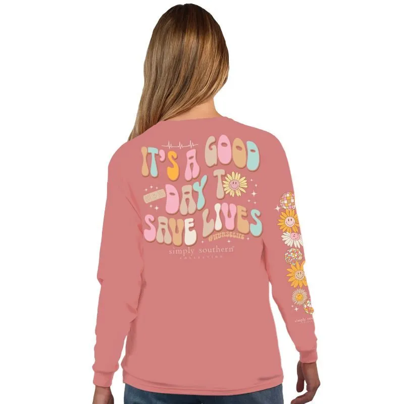 Simply Southern 100% Cotton Long Sleeve T-Shirt - 'It's a Good Day to Save Lives' with Bandaids and Flowers for Nurses and Healthcare