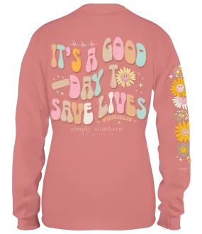 Simply Southern 100% Cotton Long Sleeve T-Shirt - 'It's a Good Day to Save Lives' with Bandaids and Flowers for Nurses and Healthcare