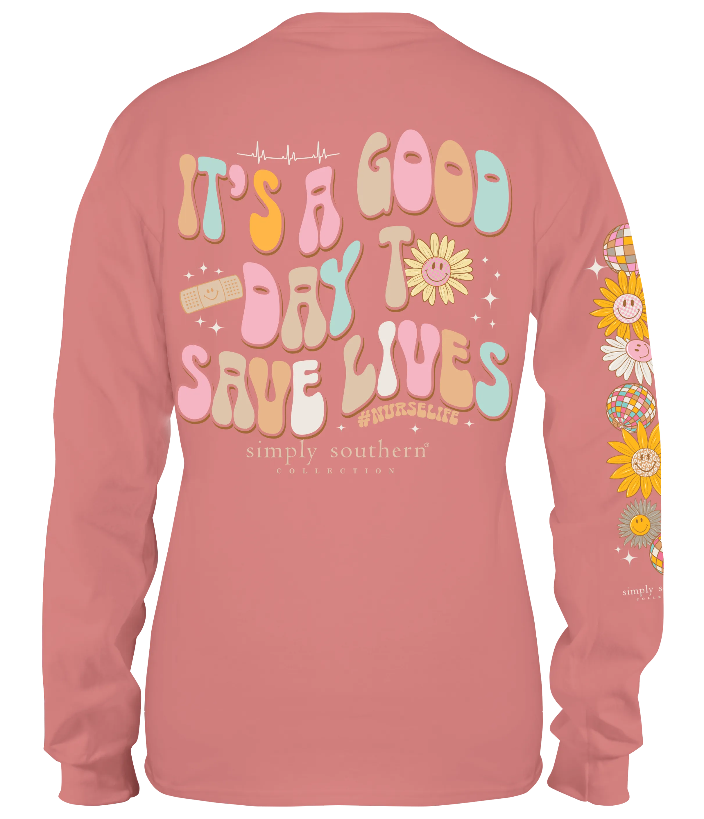 Simply Southern 100% Cotton Long Sleeve T-Shirt - 'It's a Good Day to Save Lives' with Bandaids and Flowers for Nurses and Healthcare