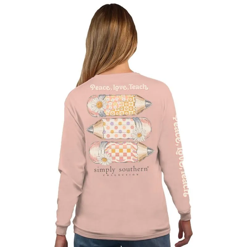 Simply Southern Long Sleeve T-Shirt - 'Peace, Love, Teach' with Pencils and Daisies 100% Cotton