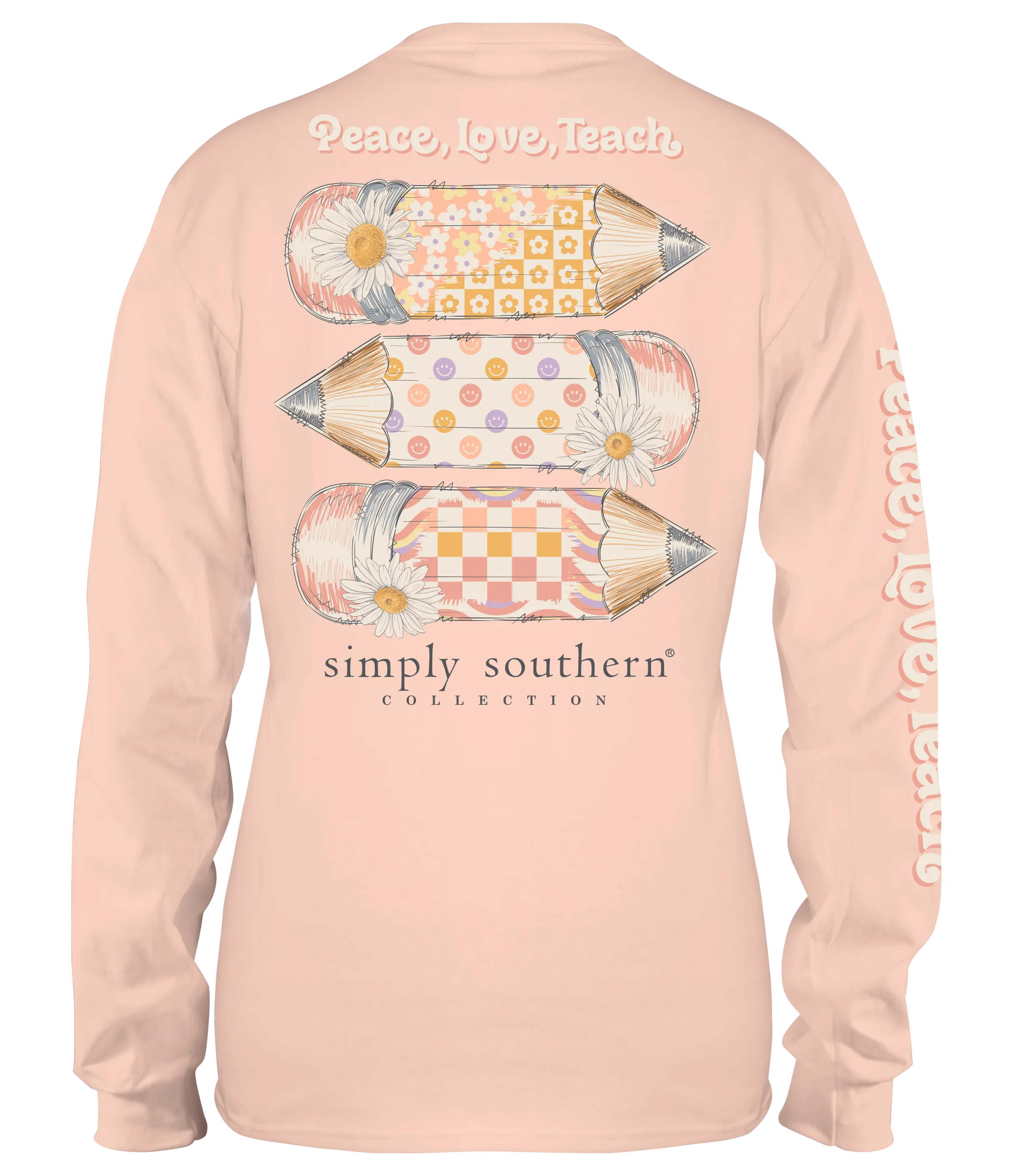 Simply Southern Long Sleeve T-Shirt - 'Peace, Love, Teach' with Pencils and Daisies 100% Cotton