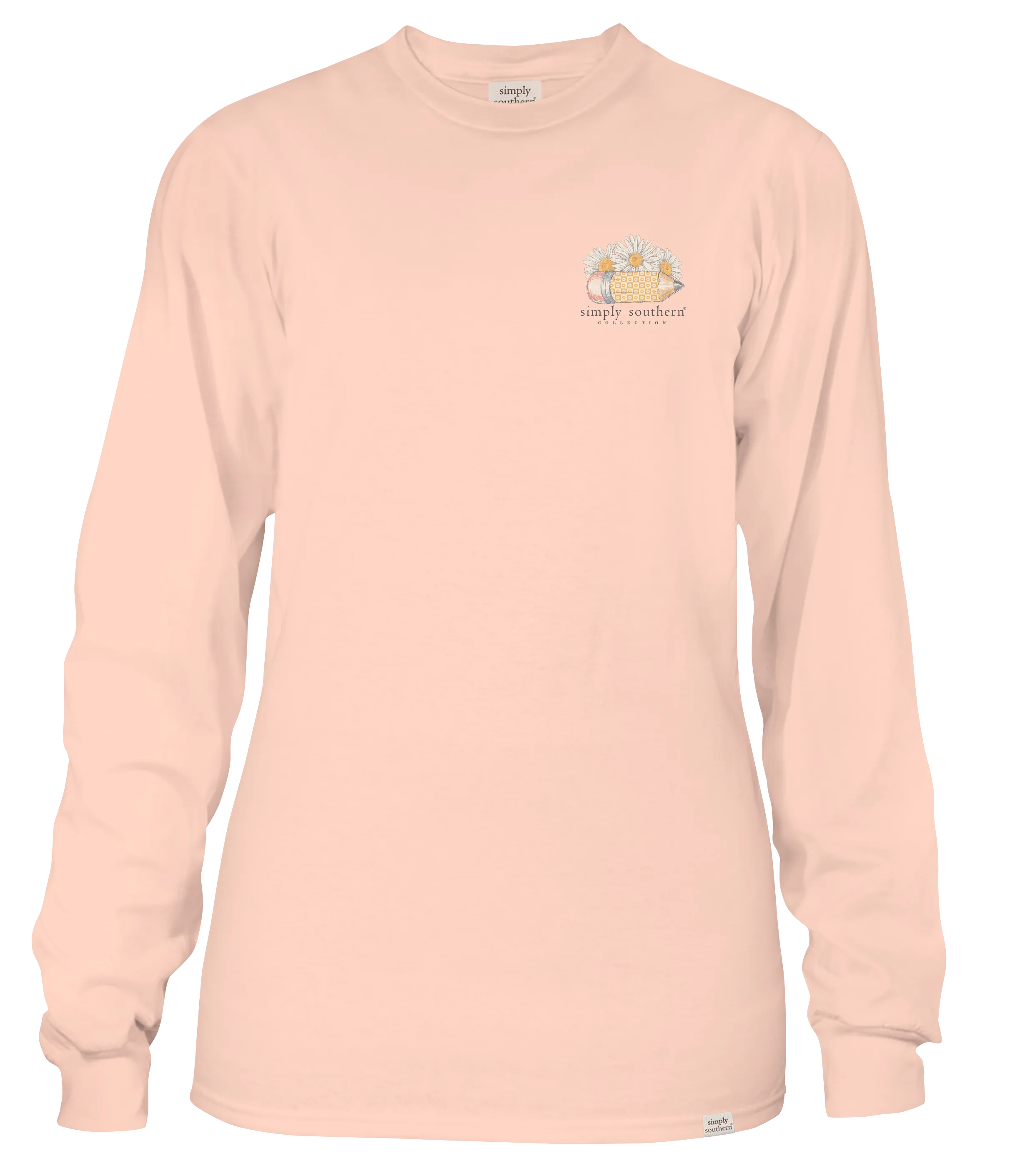 Simply Southern Long Sleeve T-Shirt - 'Peace, Love, Teach' with Pencils and Daisies 100% Cotton