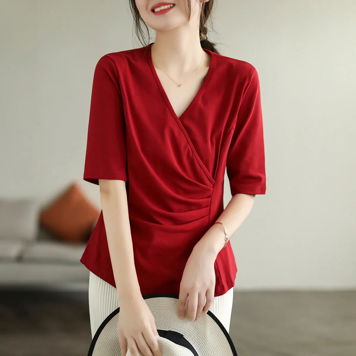 Women Summer Retro Irregular V-Neck Cotton T-Shirt